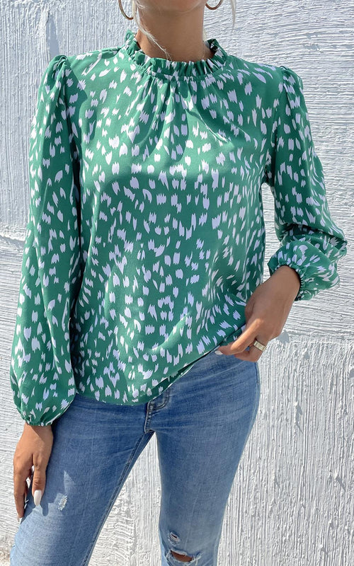 Animal Print Frill Detail High Neck Top In Green