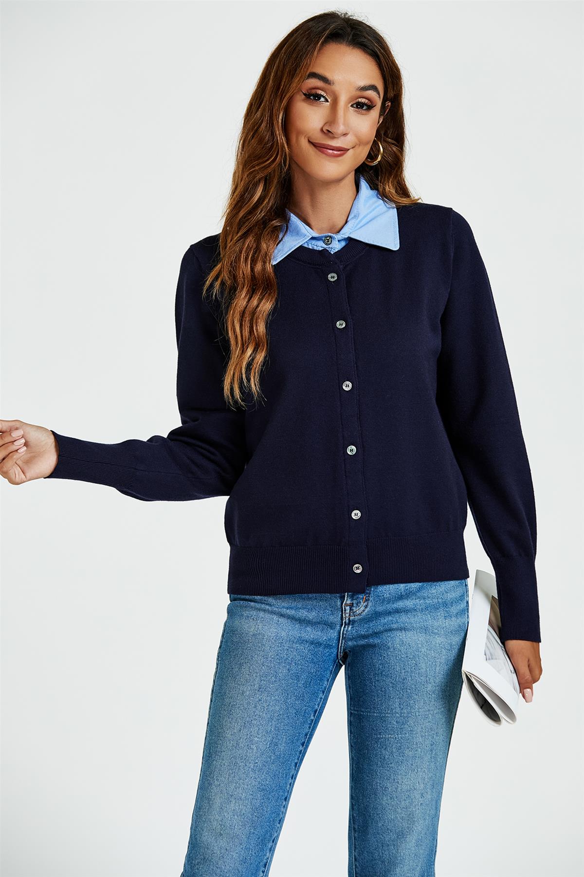 Shirt Collar Knitted Cardigan In Navy