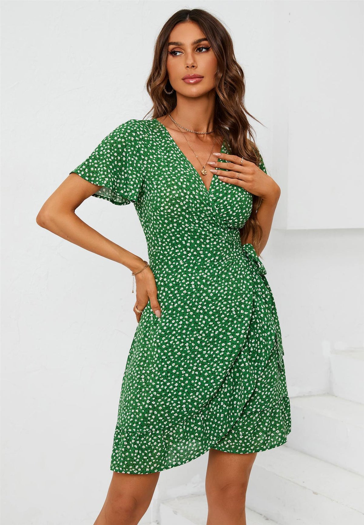 Floral Print Mini Wrap Dress In Green