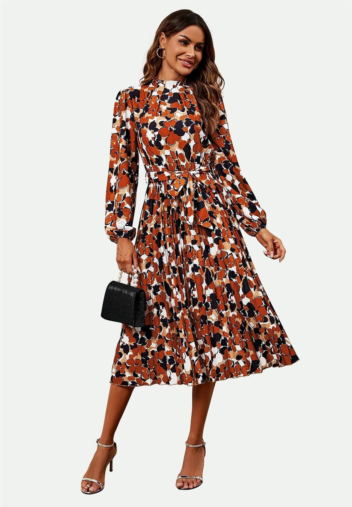 High Neck Long Sleeve Midi Dress In Rust