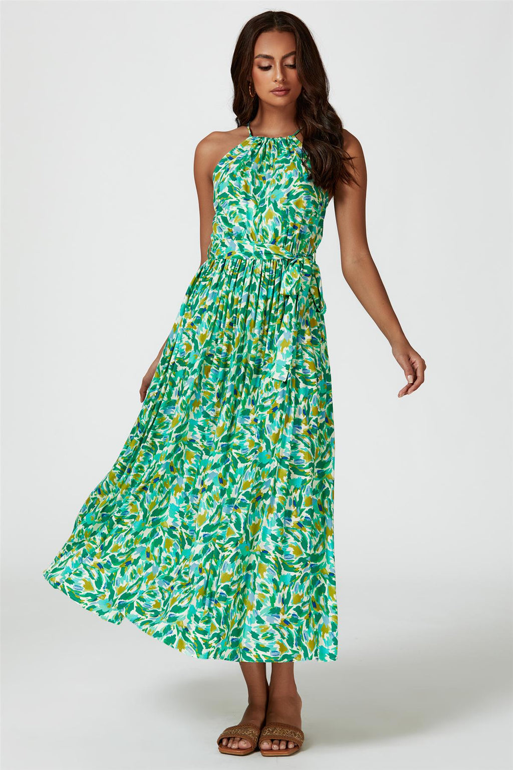 Abstract Print Tie Halterneck Maxi Dress In Green