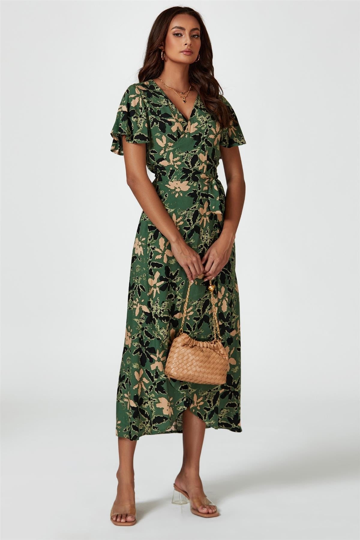 Abstract Floral Wrap Maxi Dress In Olive