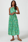 Abstract Print Tie Halterneck Maxi Dress In Green