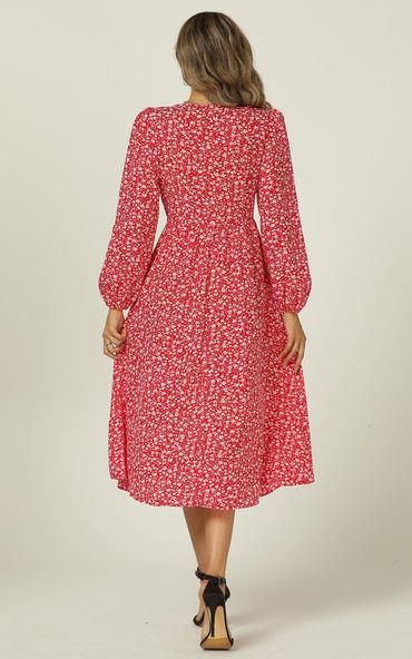 Button Down V Neck Long Sleeve Midi Dress In Red Floral Print