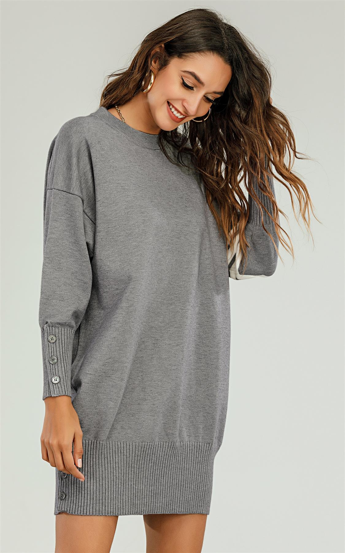 Knitted Tunic Jumper Dress With White Stripe In Grey