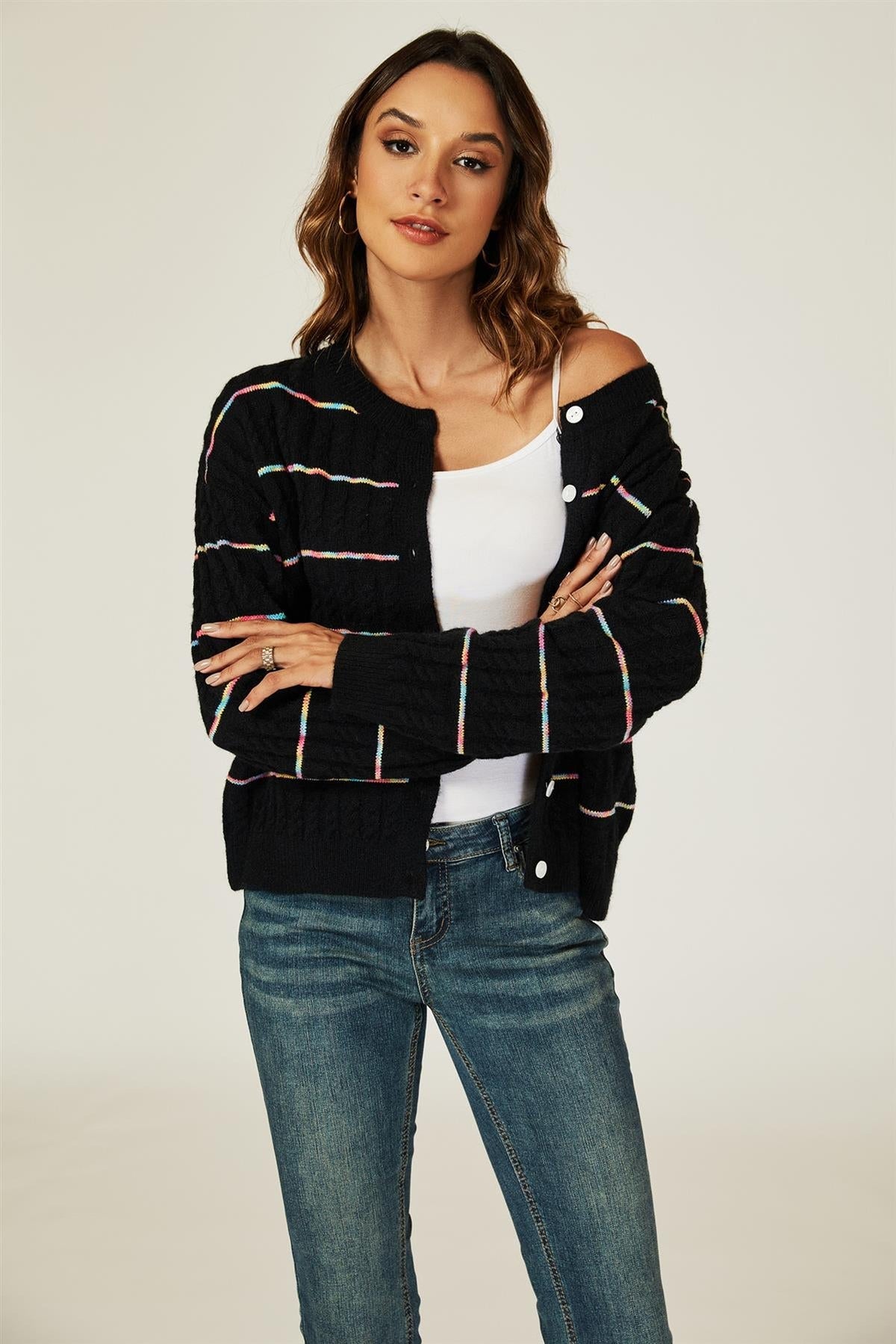 Rainbow Stripe Knitted Cardigan In Black