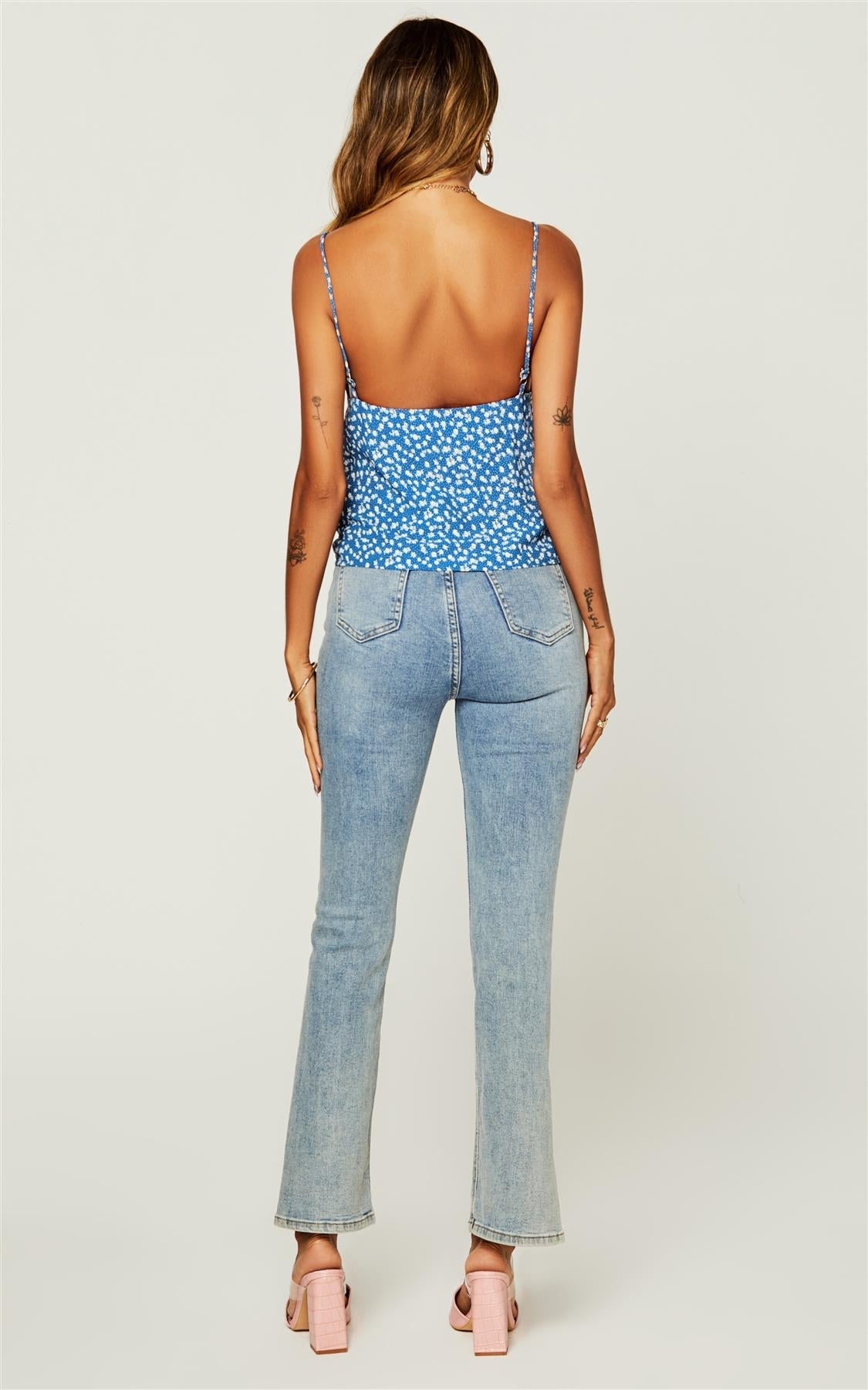 Peaty Summer Floral Print Cowl Neck Cami Top in Blue