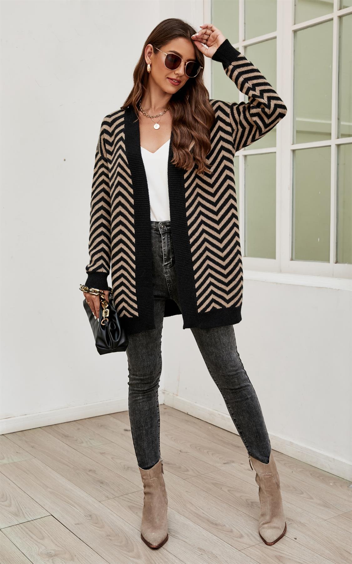 Relaxed Geometric Intarsia Cozy Soft Cardigan In Beige & Black