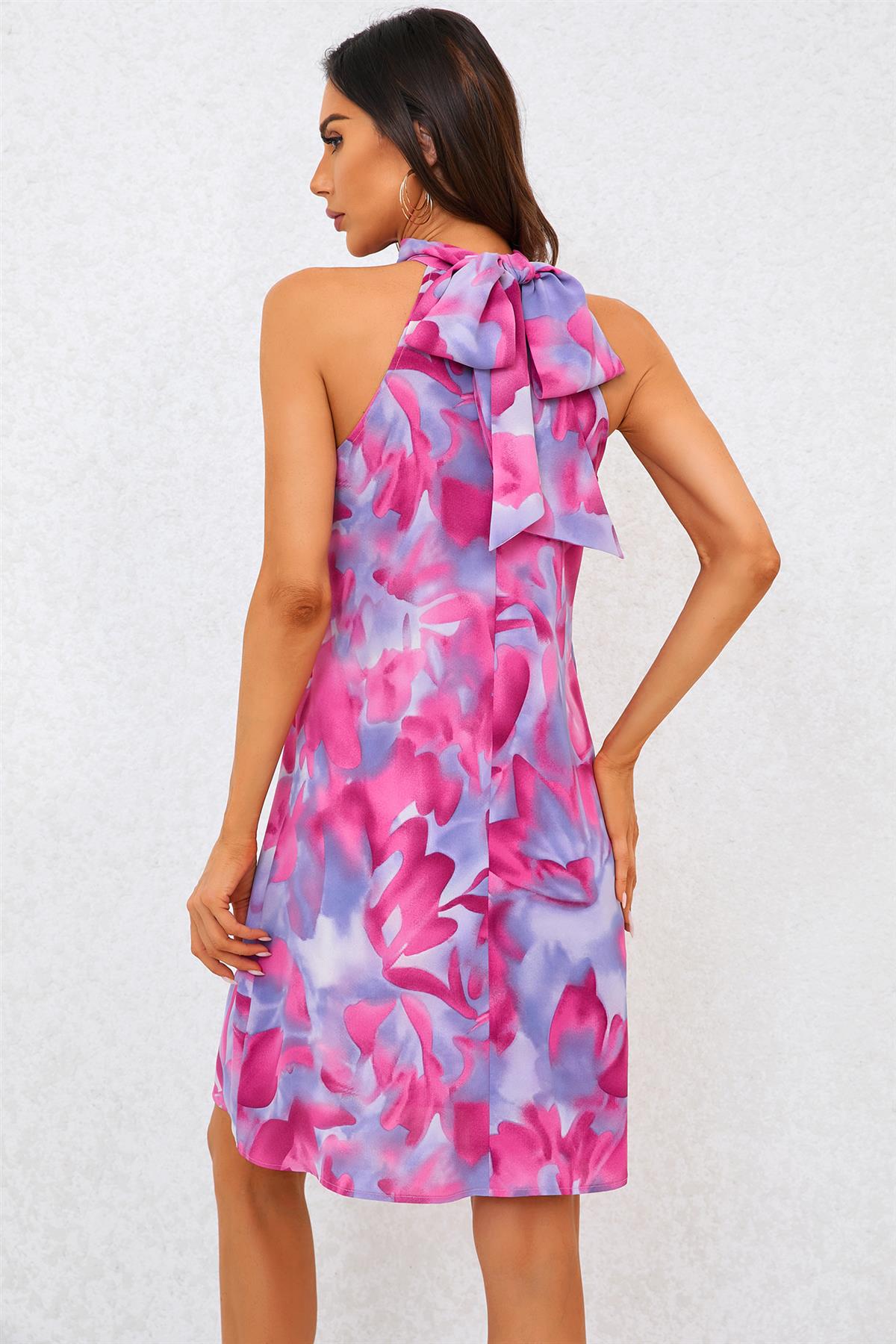 Abstract Floral Print Halter Neck Tie Back Mini Dress In Pink