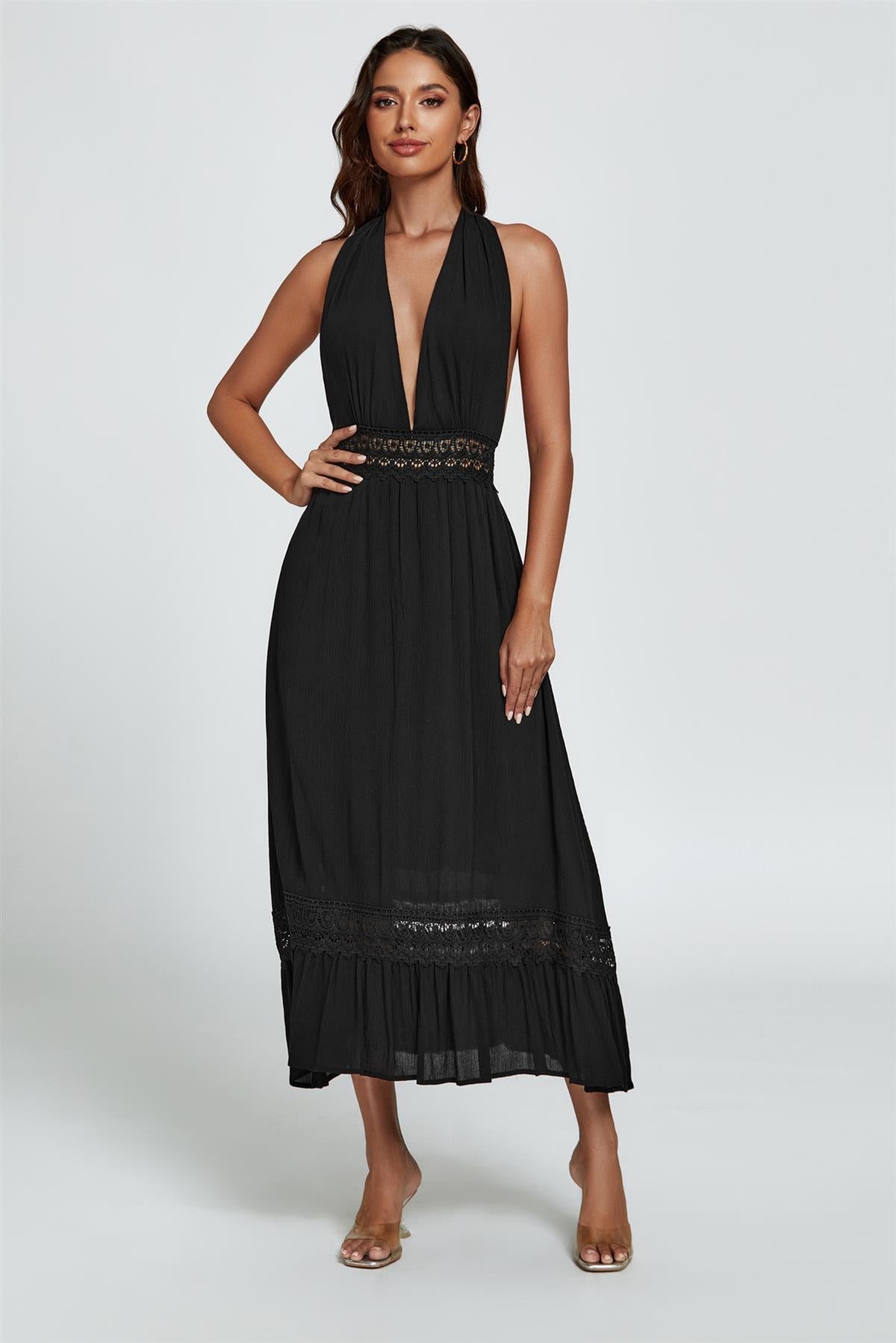 Lace Detail Adjustable Deep V Neckline Maxi Dress In Black