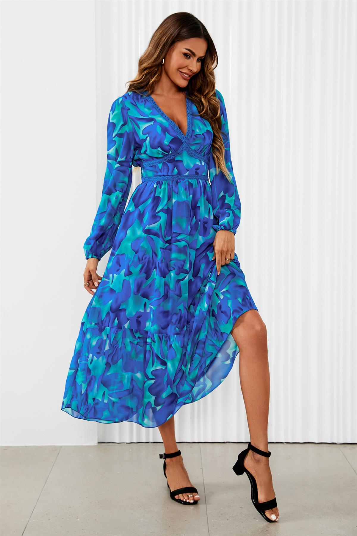 Floral Lace-Trim Midi Dress — Blue