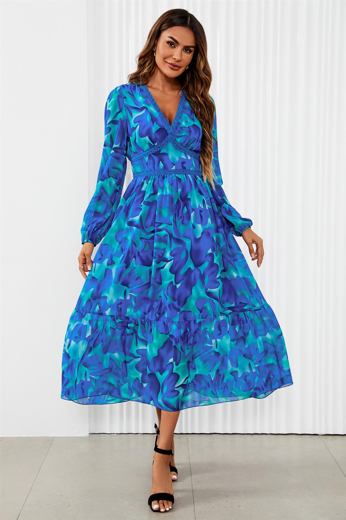 Floral Lace-Trim Midi Dress — Blue