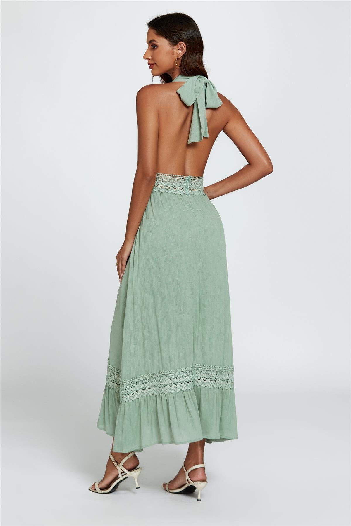 Lace Detail Adjustable Deep V Neckline Maxi Dress In Green