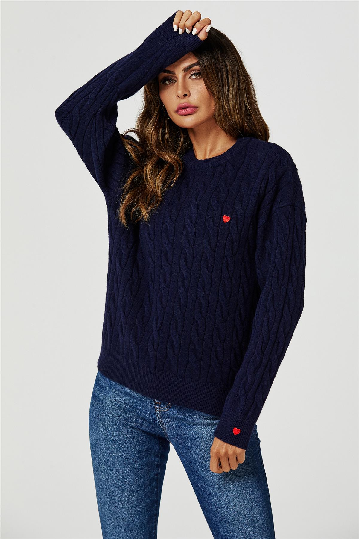 Heart Embroidery Jumper Top In Navy
