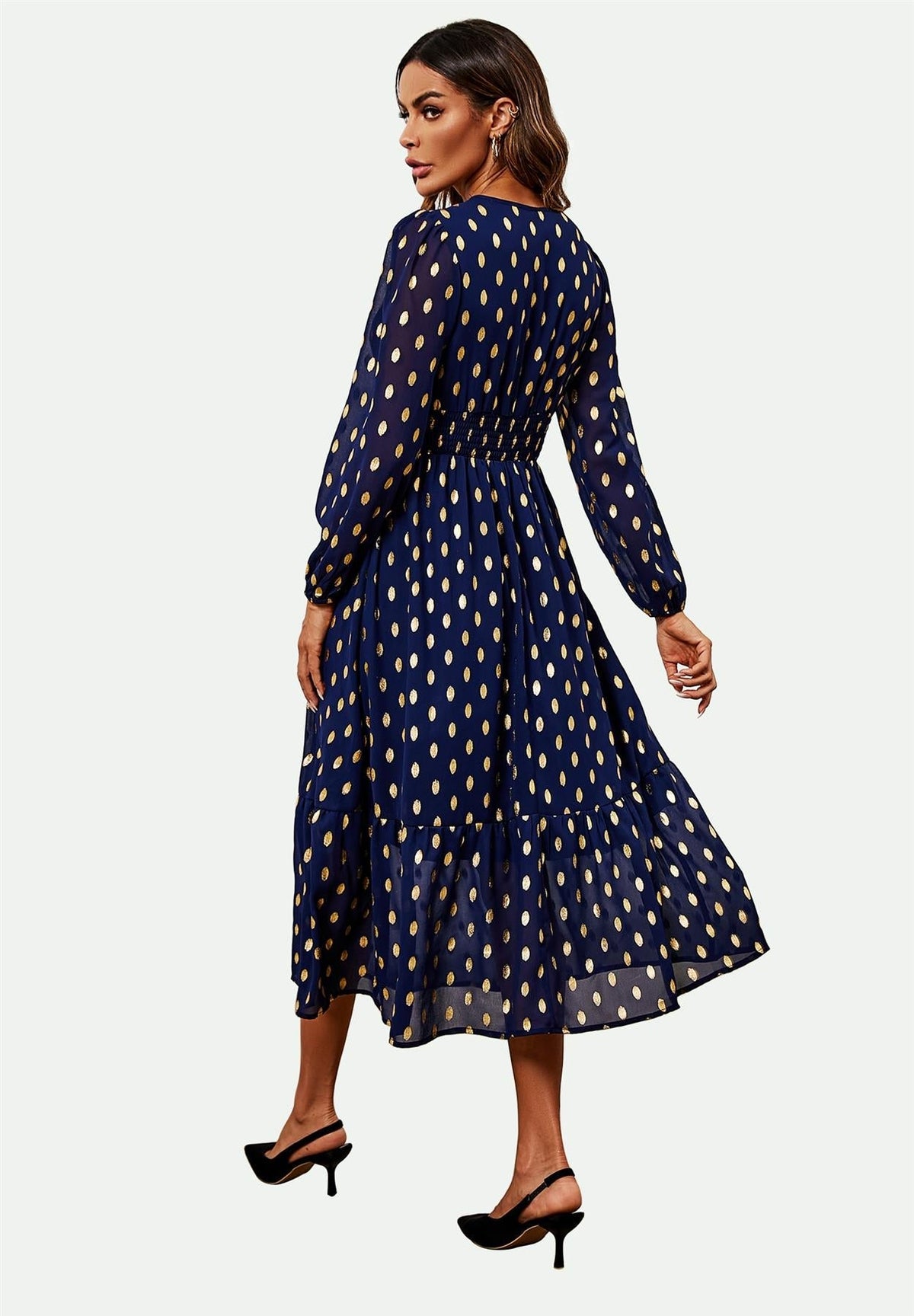 Lace Trim Foil Long Sleeve Maxi Dress In Navy