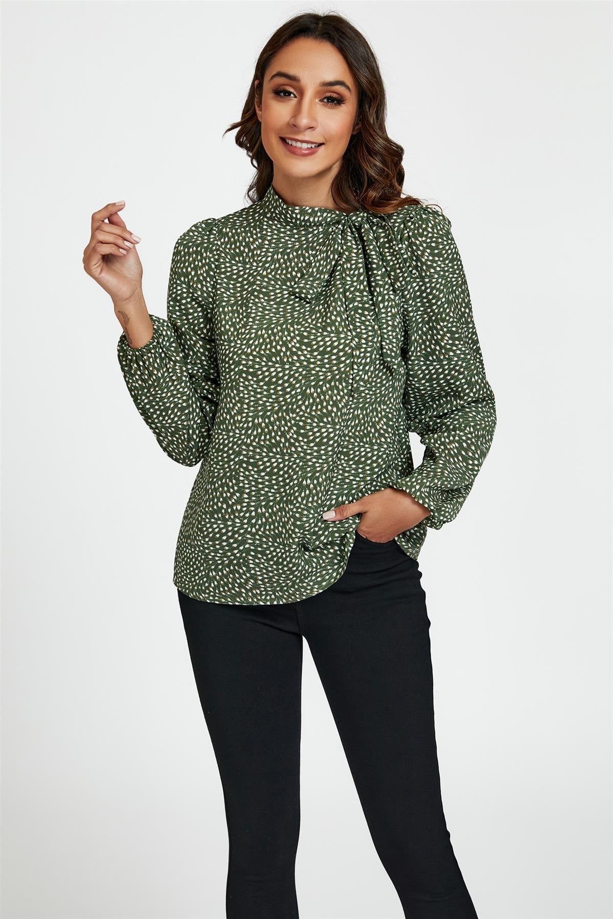 Floral Print Side Tie Blouse Top In Olive