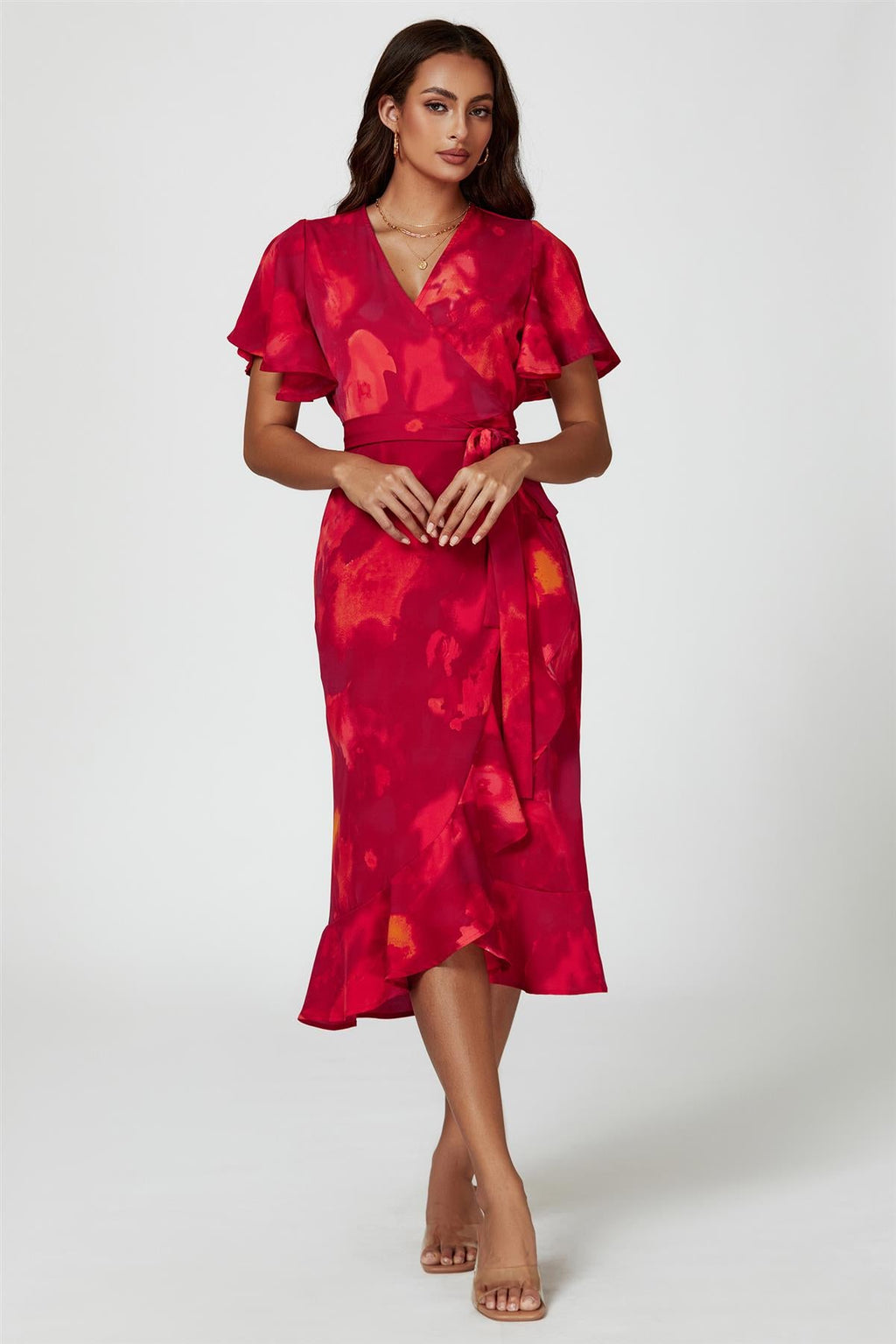 Abstract Print Angel Sleeve Wrap Midi Dress In Red