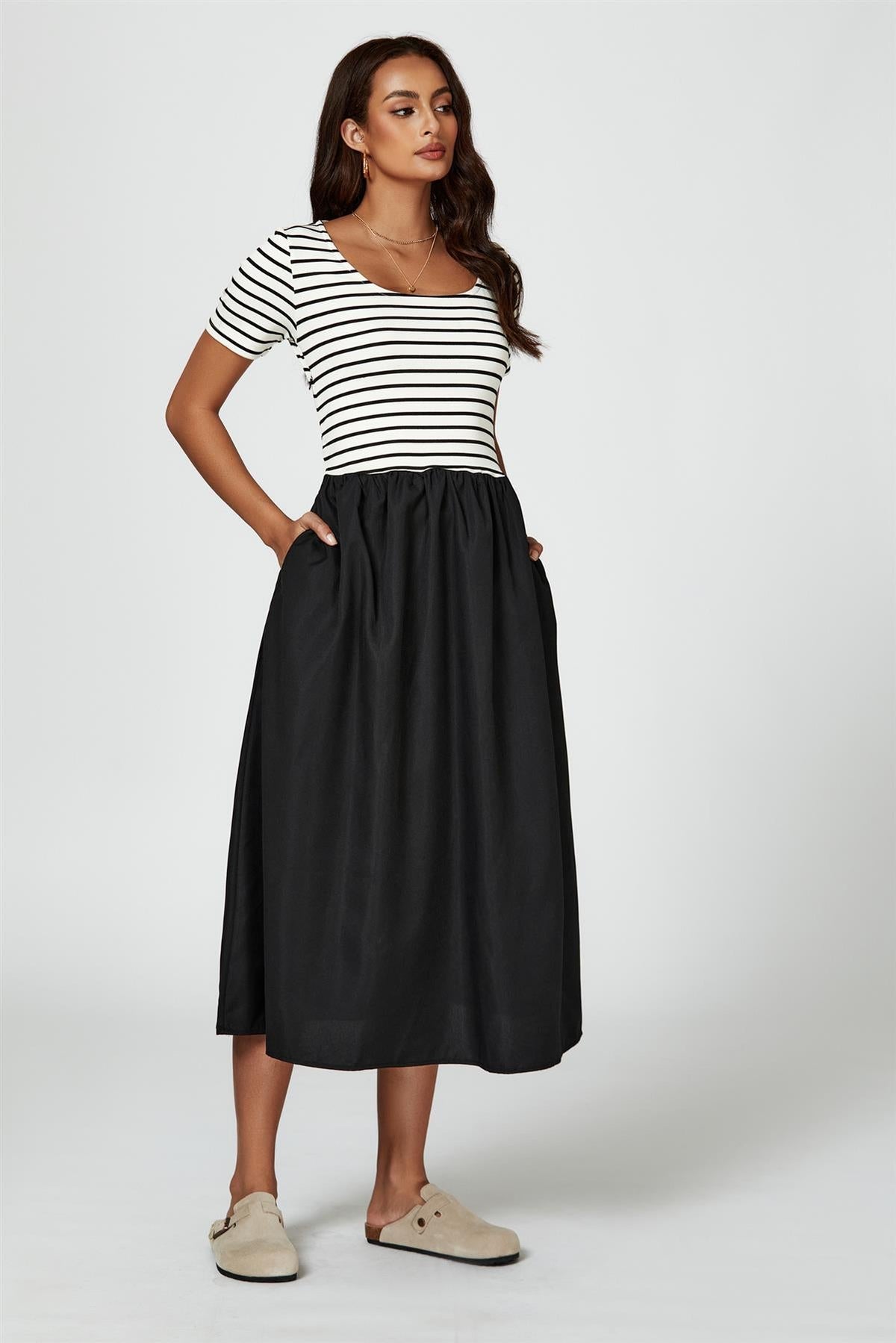 Short Sleeve Black Stripe Midi Dress In White