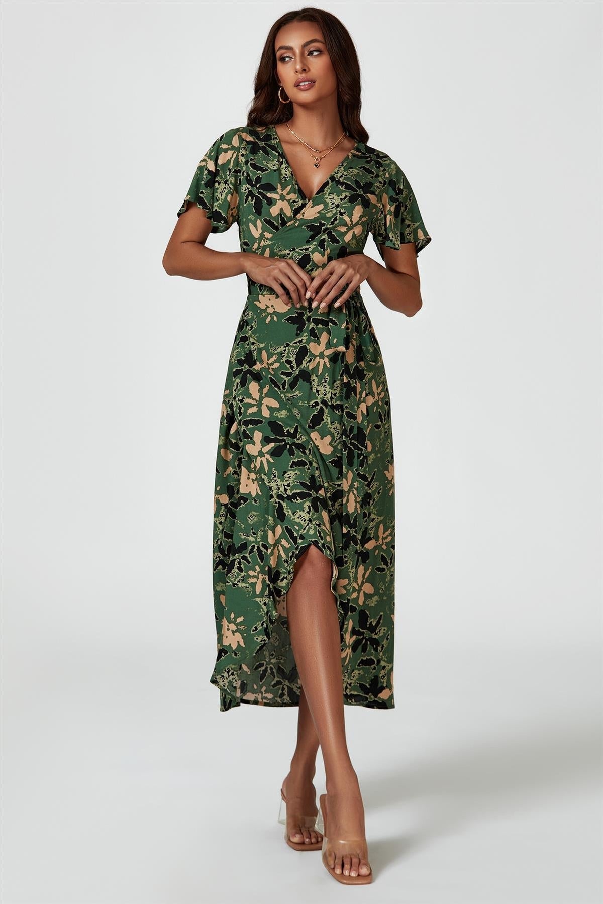 Abstract Floral Wrap Maxi Dress In Olive