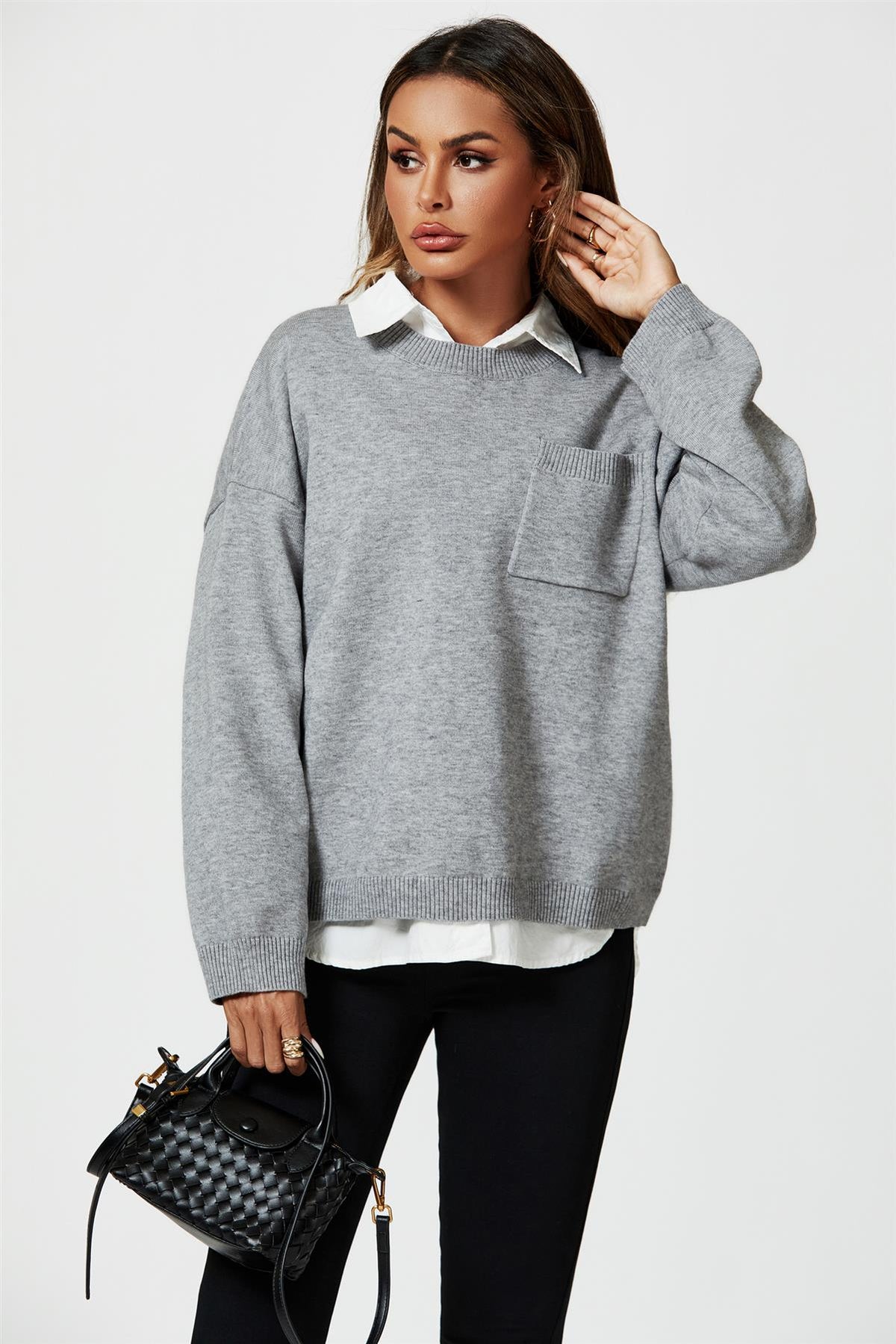 Pocket Detail Knitted Jumper In Grey