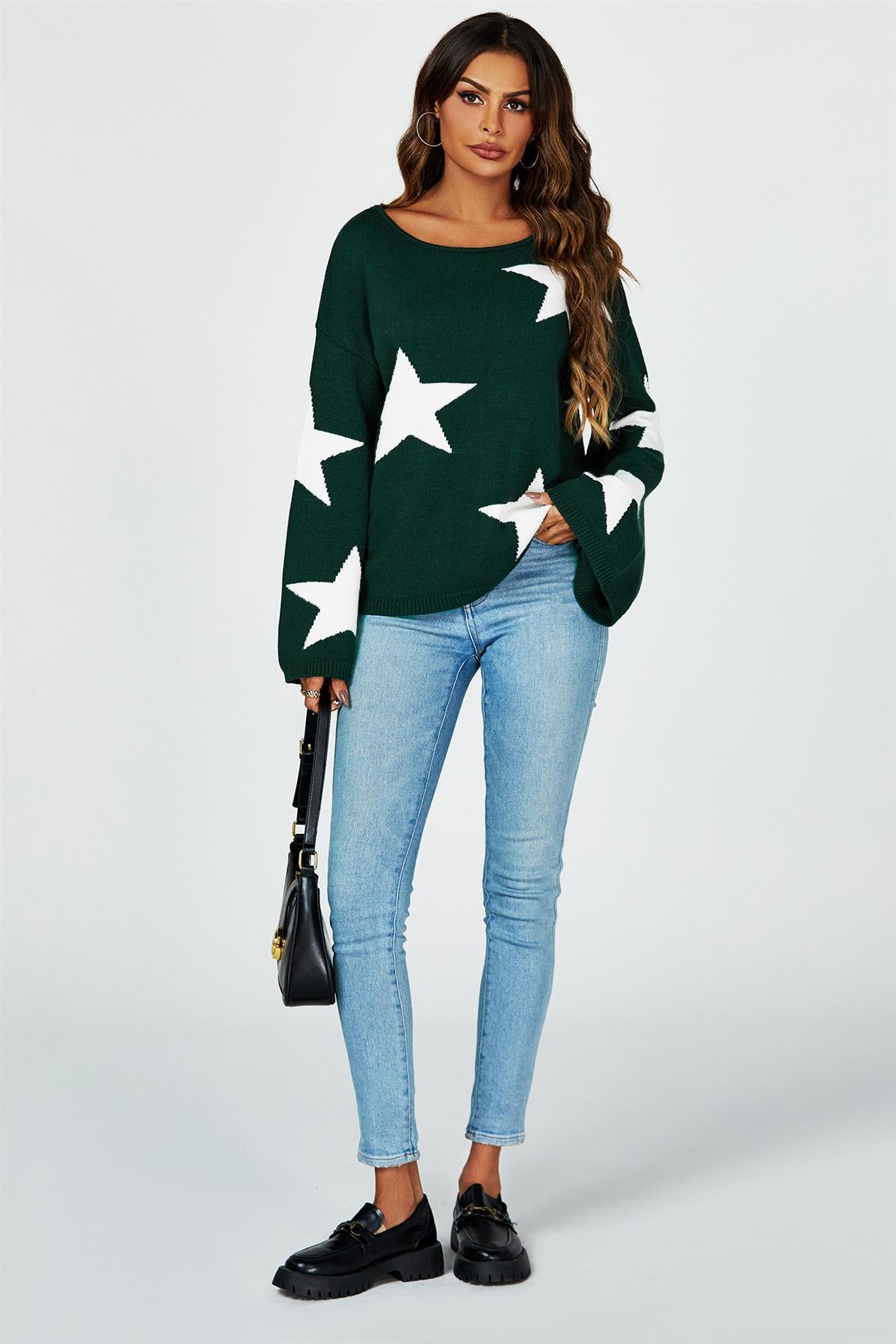 Wide Sleeve Oversize Dark Green Jumper With White Star