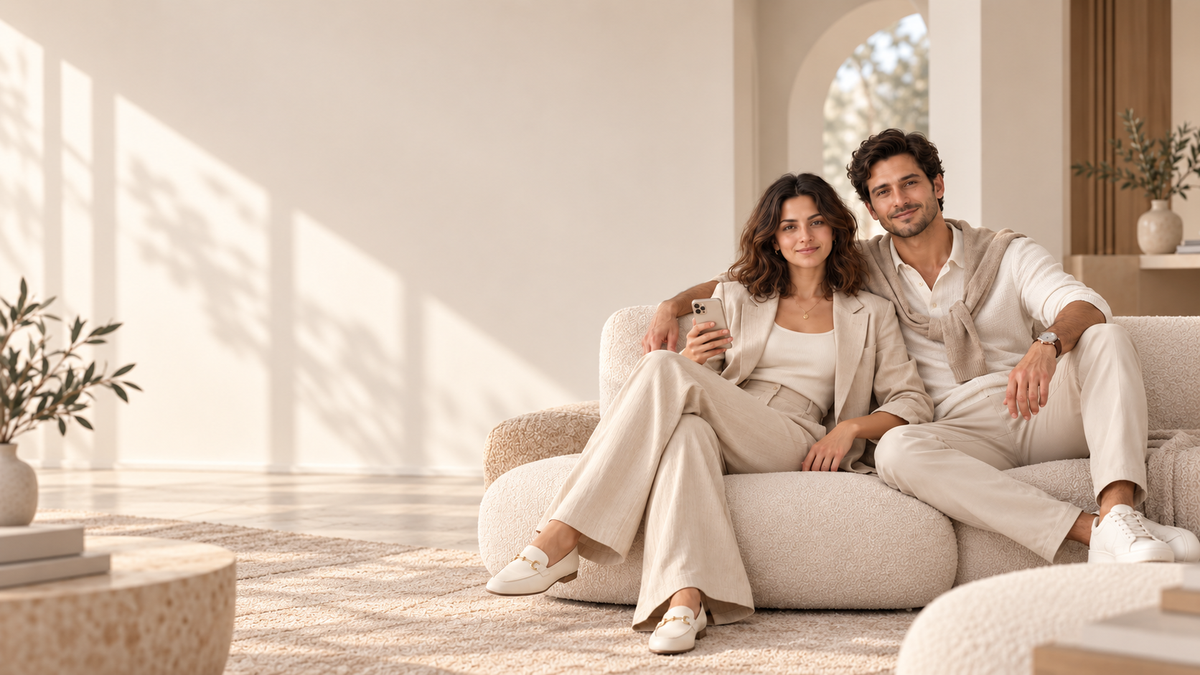 STILGIA couple seated in a warm minimalist interior, wide hero composition